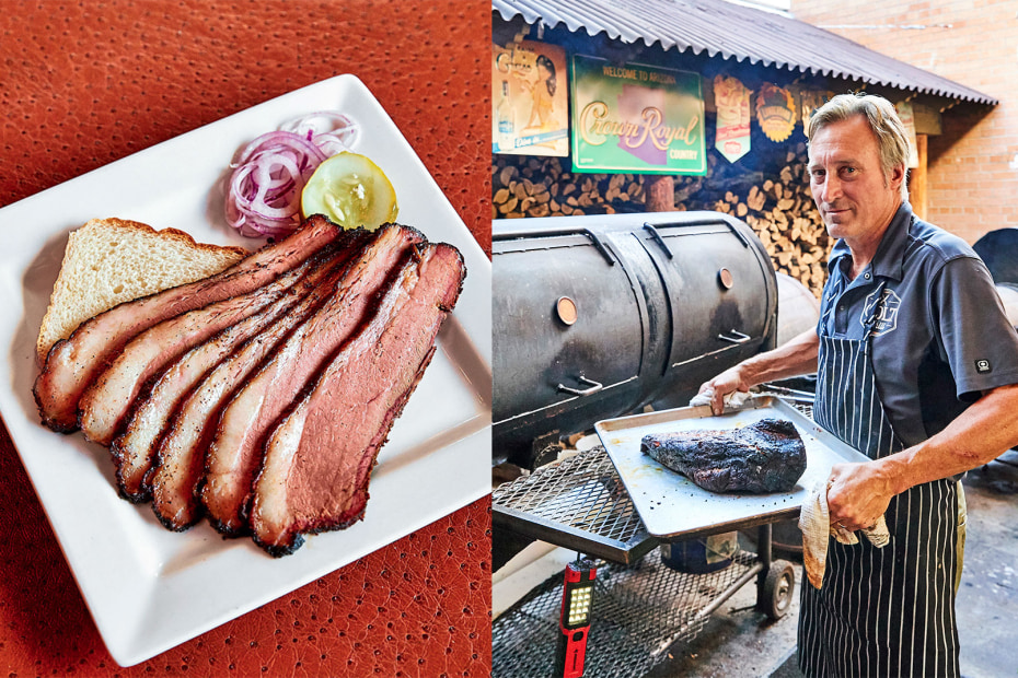 beef brisket served Texas style and a pitmaster manning the barbecue at Colt 804 in Cottonwood, Arizona, picture