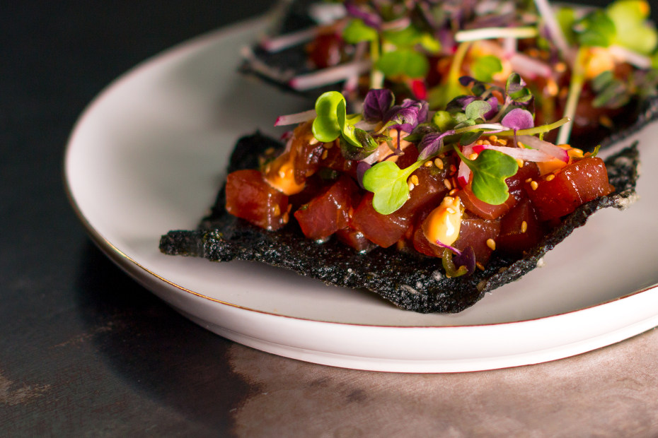 the nori cracker topped with poke at Liholiho Yacht Club in Union Square, San Francisco, picture