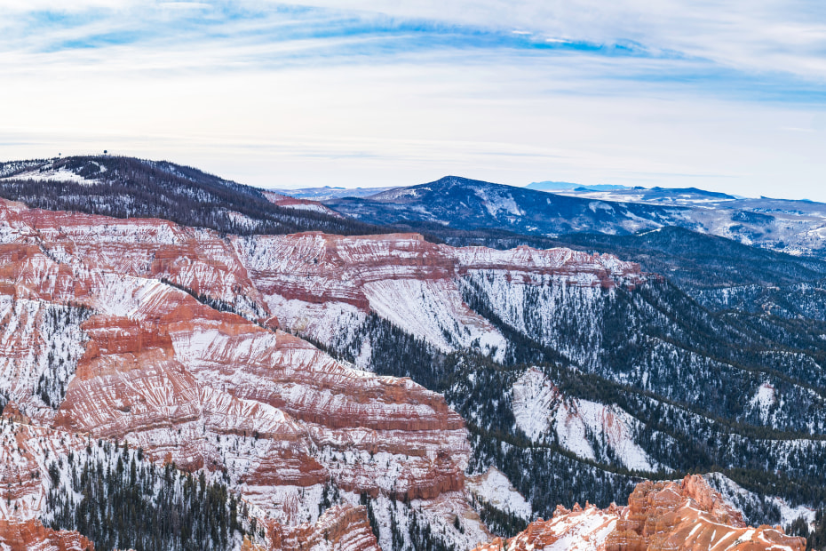 The red rocks at Cedar Breaks, Utah dusted with snow, photo