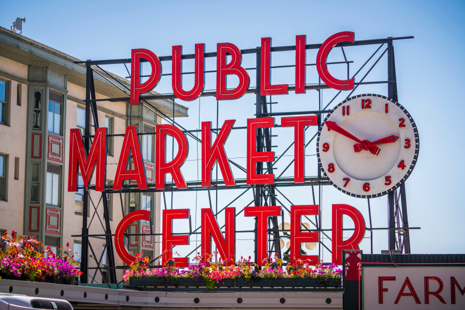 PIke Place Market sign with clock in Seattle, picture