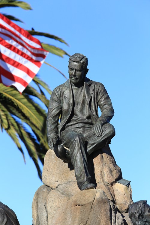 John Steinbeck statue on top of Cannery Row monument in Monterey, California, picture