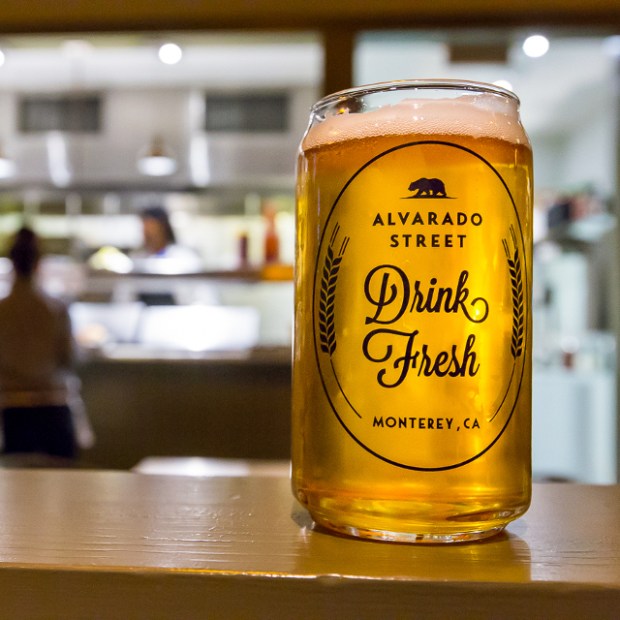 Draft beer in a can-shaped glass at Alvarado Street Brewery in Monterey