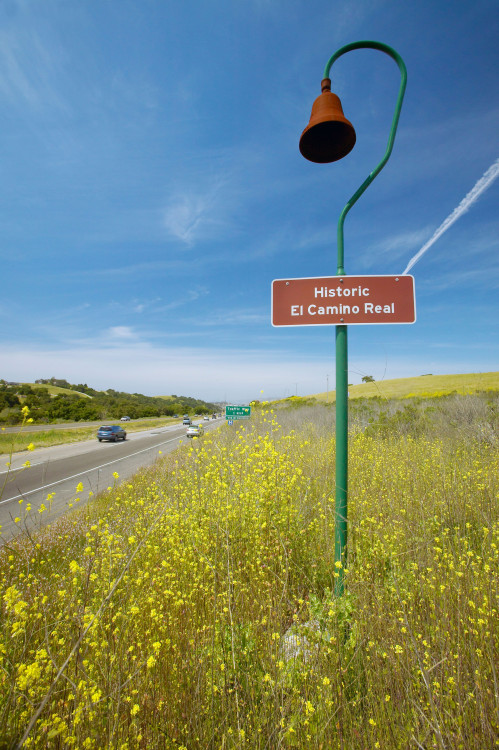 Mission bell sign beside Highway 101 between Los Angeles and Sonoma, California, picture