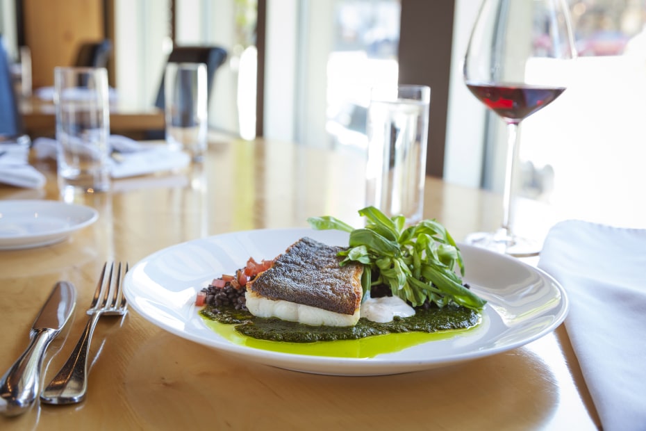 black cod with green herb and pepper sauce at Celilo restaurant, image