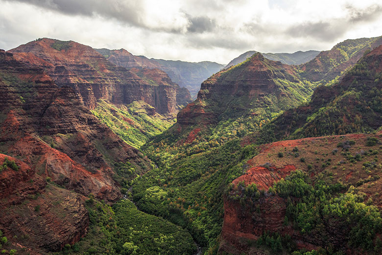 Waimea Canyon bathed in red and green with rain clouds passing over viewed from the top of Kukui Trail, Waimea Canyon State Park on Kauai, Hawaii, picture