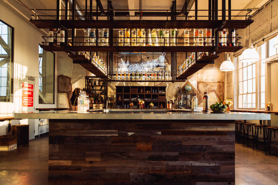 steel-topped bar and pressed tin back wall at Hanger 1 Vodka at Alameda's Spirit's Alley, image