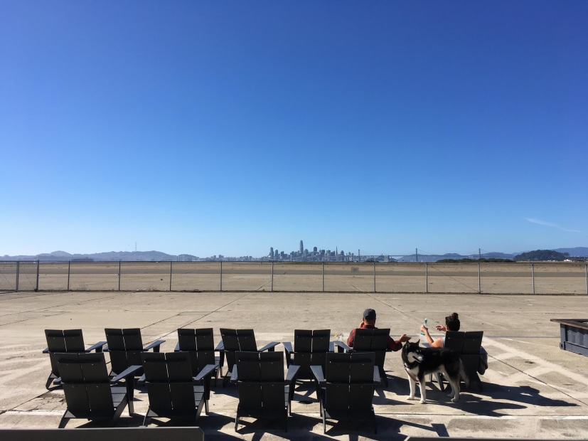 outdoor seating overlooking San Francisco at Hanger 1 in Alameda, California, picture