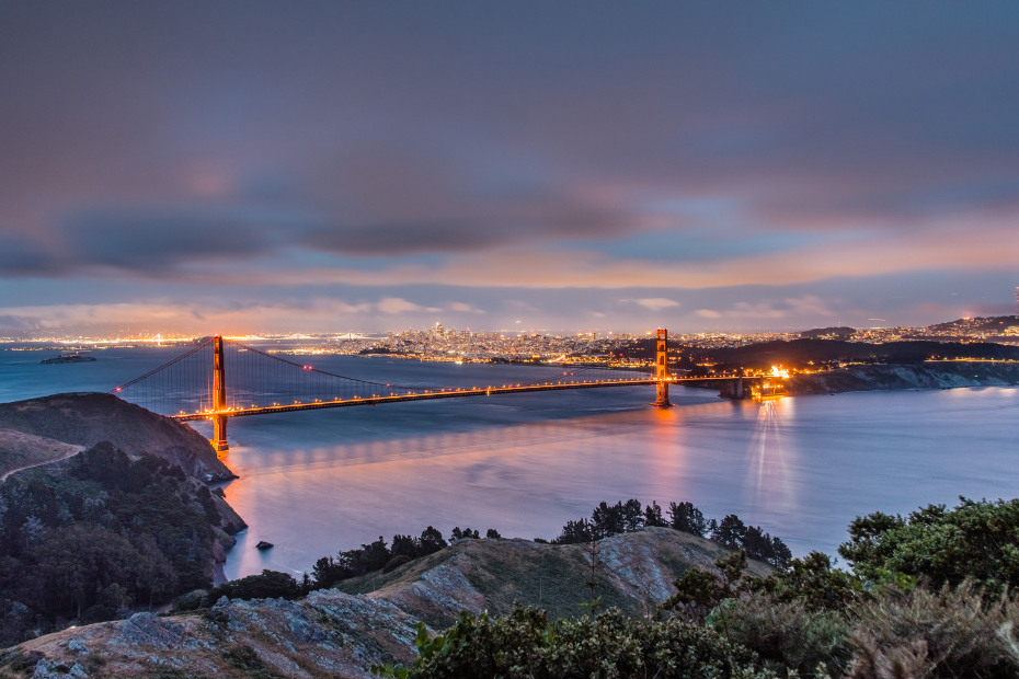 View of the Golden Gate Bridge at night from the Marin Headlands, picture