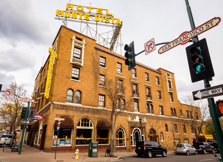 view of the vintage red brick architecture of the historic Hotel Monte Vista in Flagstaff, Arizona, picture