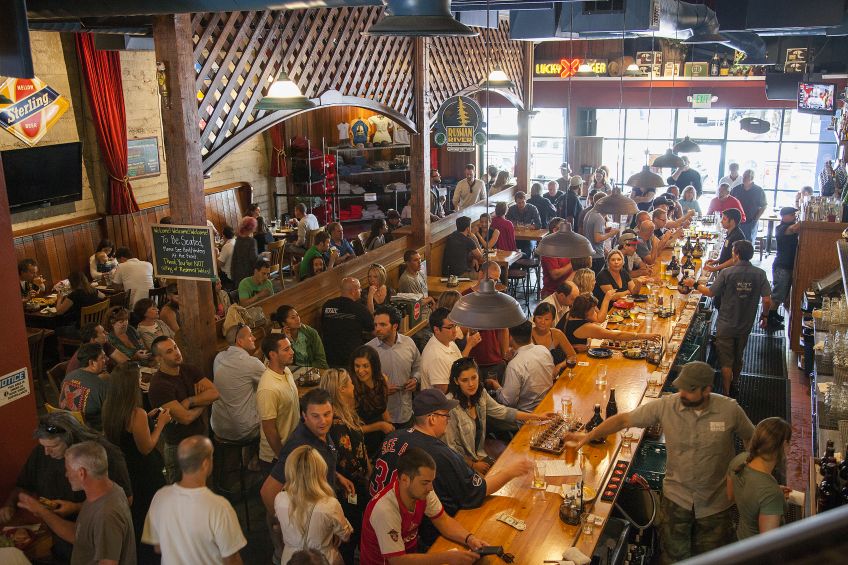 aeriel view of Russian River Brewing Company interior filled with people, photo