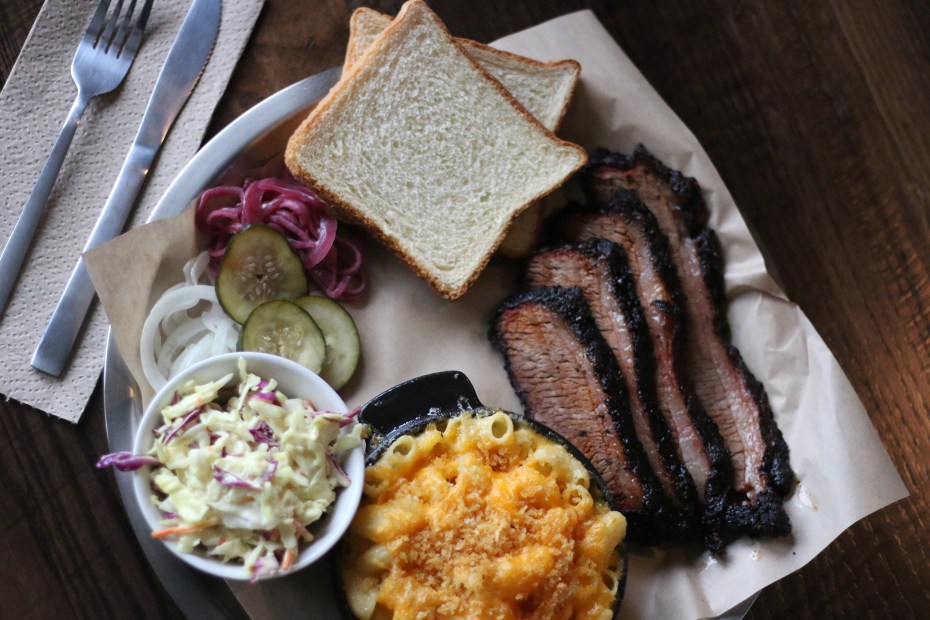 the plate of brisket with cole slaw and mac and cheese at the Hotel Becket's Ten Crows in South Lake Tahoe, California, picture