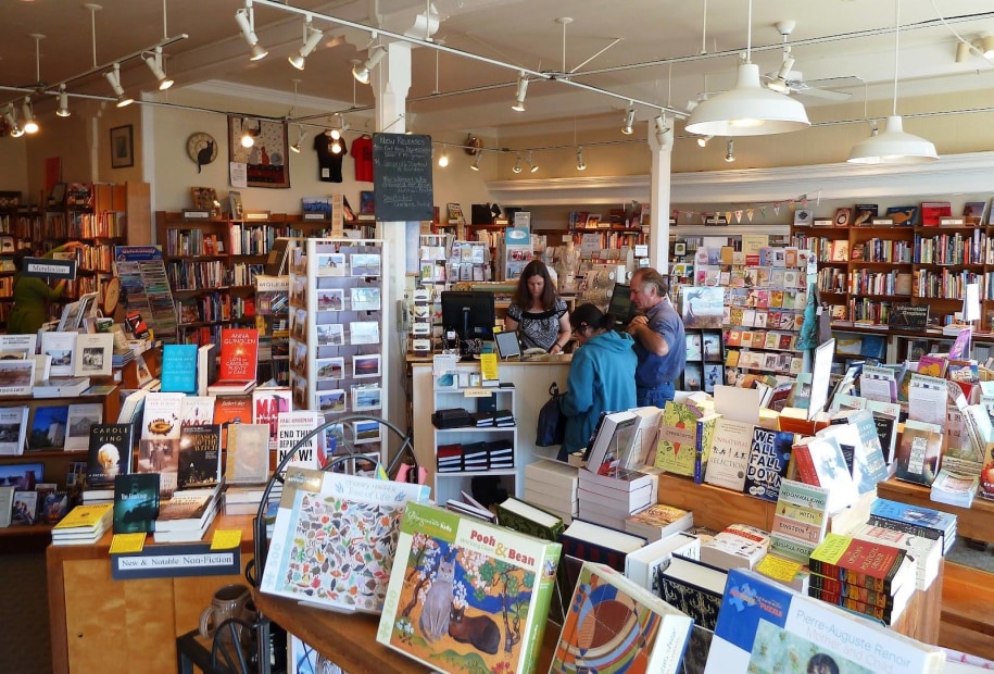 Visitors browse books, cards, gifts, and more at Gallery Bookshop in Mendocino, California.