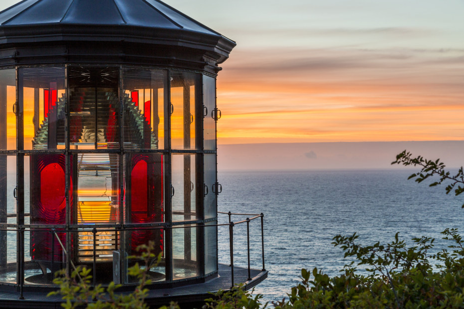 Cape Meares State Scenic Viewpoint Fresnel lens at sunset, image