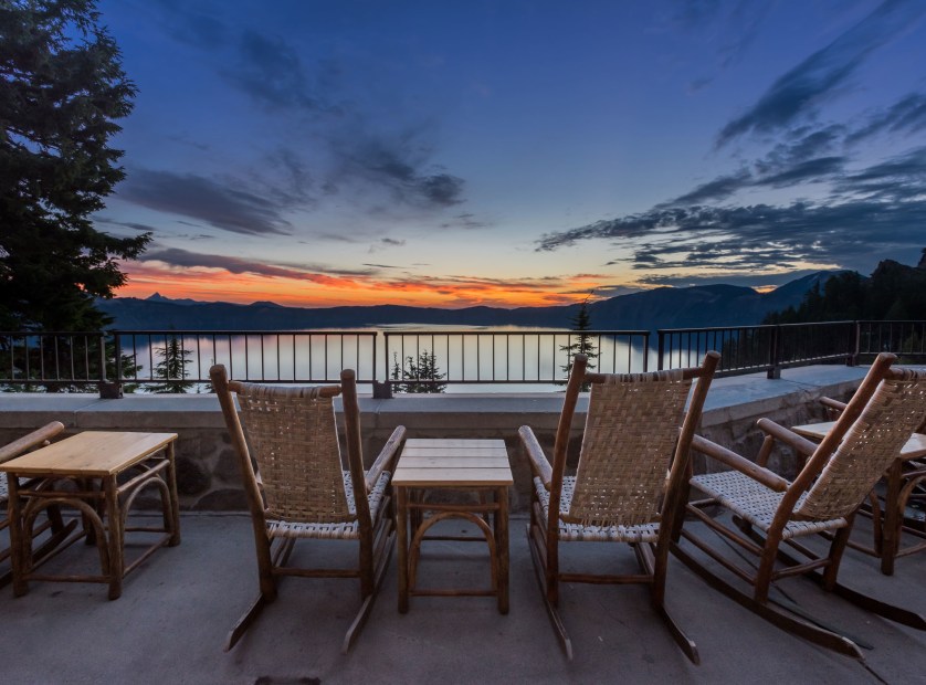 rocking chairs on veranda overlooking Crater Lake, picture