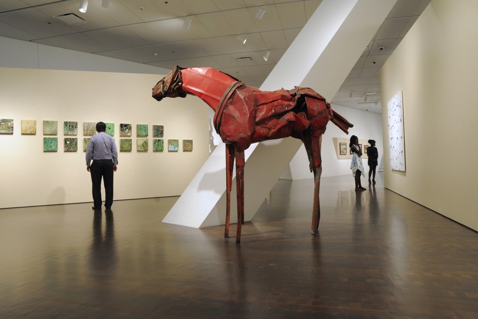 museum visitors and horse sculpture by artist Deborah Butterfield at the Denver Art Museum, picture