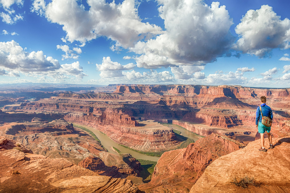 A man stands overlooking the Grand Canyon.