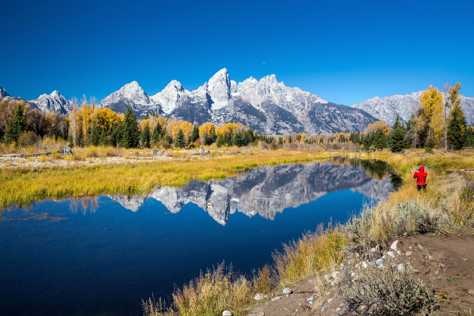 Grand Teton mountains reflect at Oxbow Bend, image