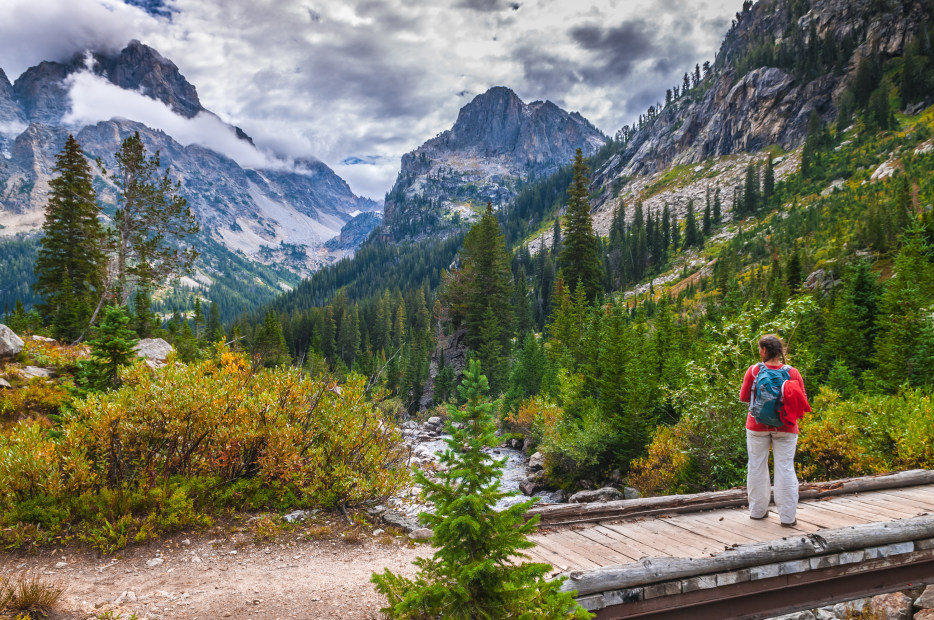 Hiker stands on the wooden path in Cascade Canyon in Grand Teton National Park, image