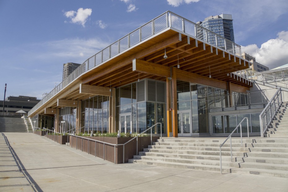 the wood and glass façade of MarketFront, image