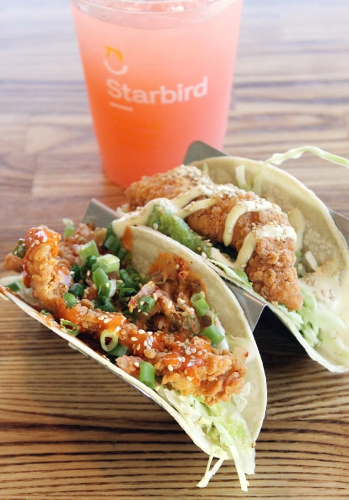 Seoul Mate and California tacos at Starbird Chicken with house-made strawberry lemonade, picture