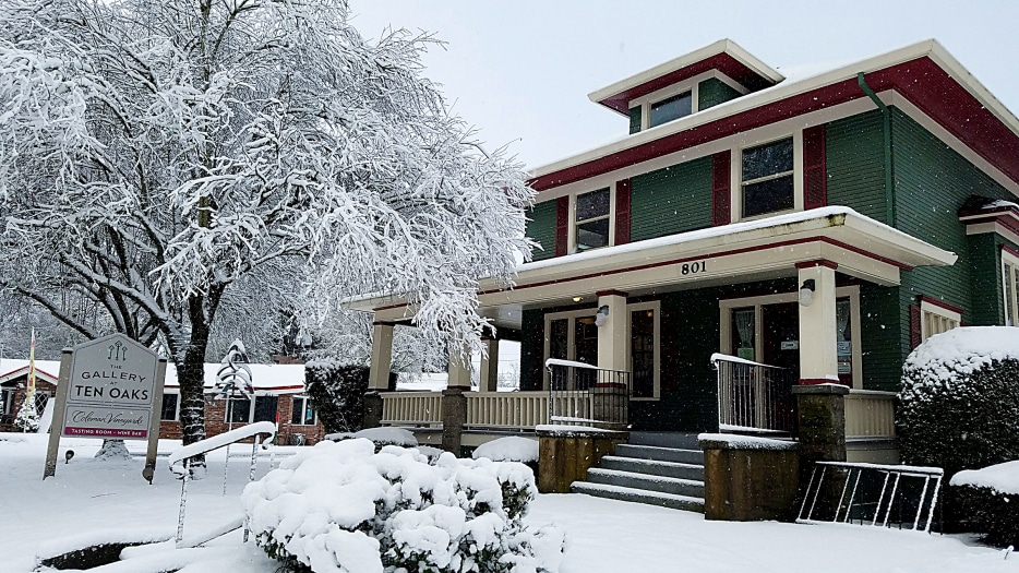 The exterior of the Gallery at Ten Oaks covered with snow