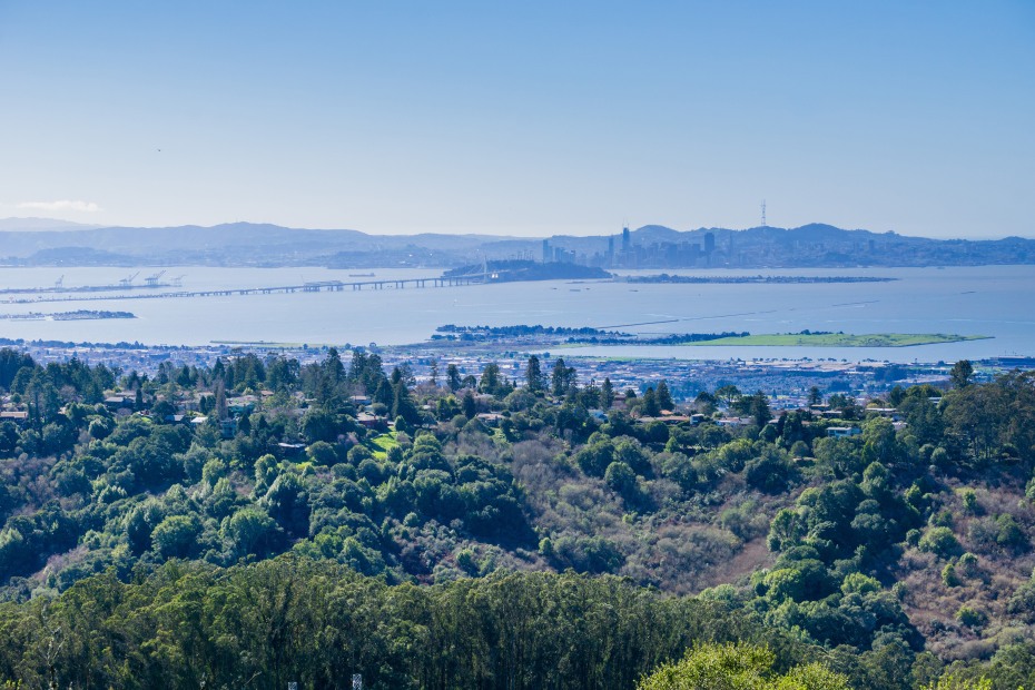 Views of Berkeley, the shimmering bay, and San Francisco from Wildcat Canyon Regional Park in Berkeley, California, photo