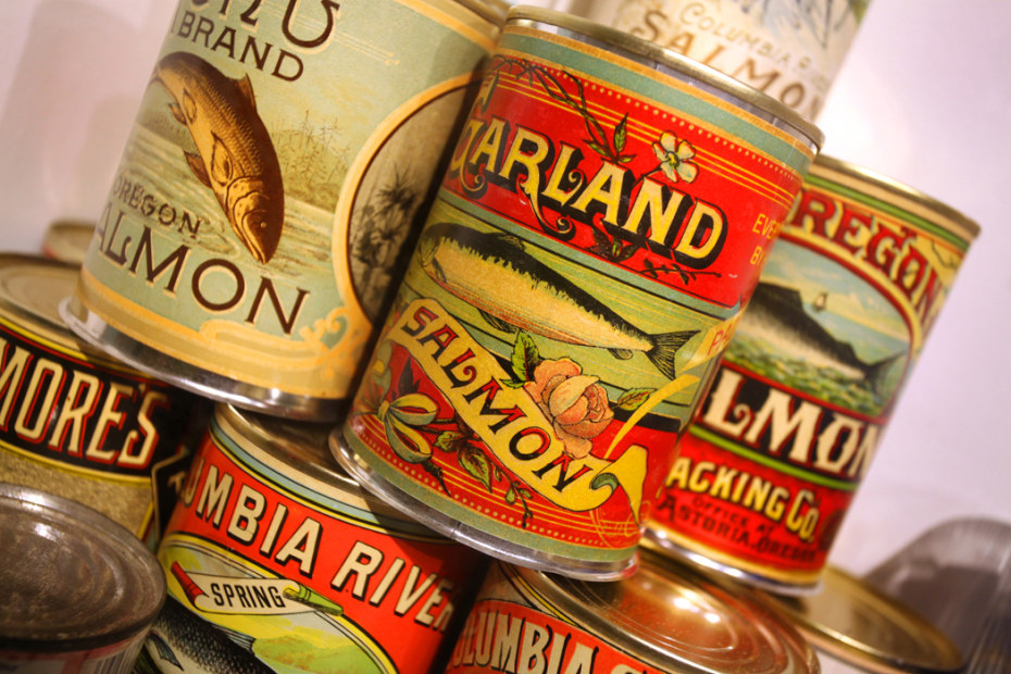 vintage labels on canned salmon at the Heritage Museum in Astoria, Oregon, picture