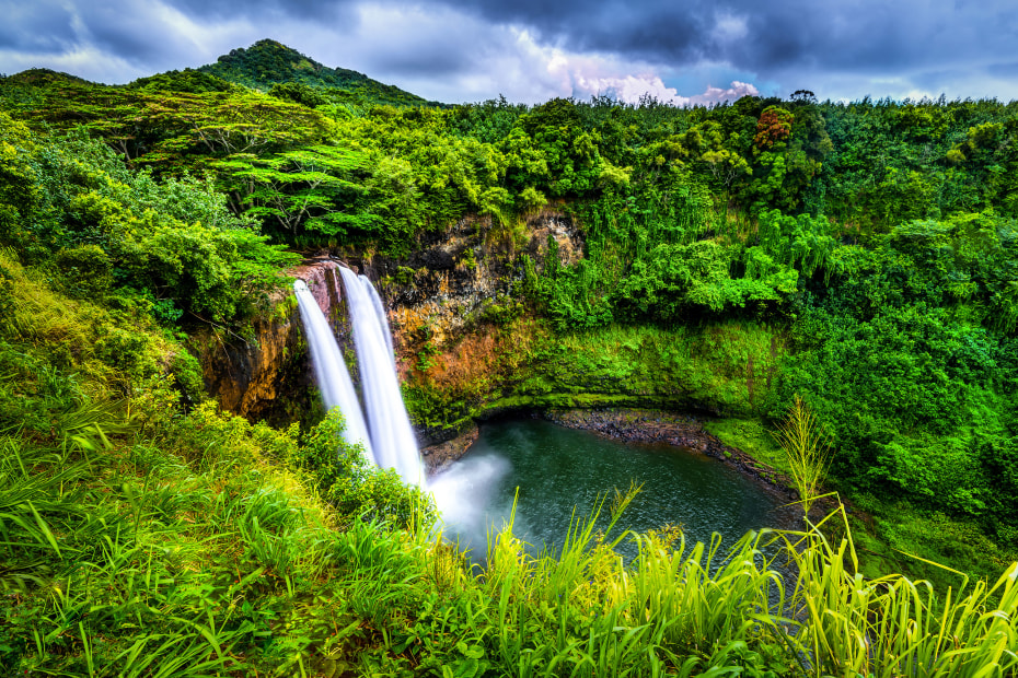 Lush grass surrounds Wailua Falls in Hawaii, image