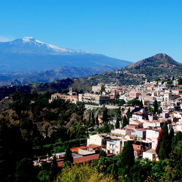 View of Taormina and Mount Etna on Sicily, Italy, image