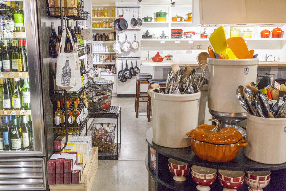 cookware, utensils, wine, vinegar and other food preparation items on display at Provisions Market Hall in Eugene, Oregon, picture 