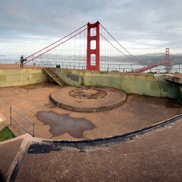 view of the top of the Golden Gate bridge's towers from Battery Spencer in the Marin Headlands, California