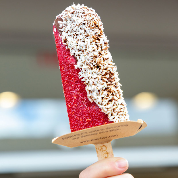 raspberry PopSorbetto on a stick dipped in chocolate at PopBar, various locations in California and Arizona, picture