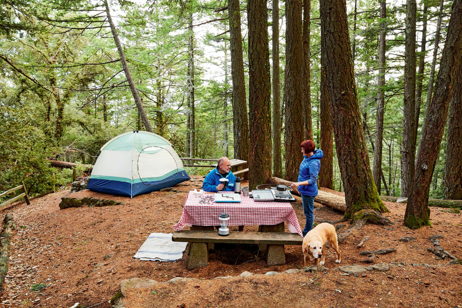 Peter Fish, seated, with wife Nancy, standing, at picnic table prepare dinner on camp stove at Pantoll campground on California's Mount Tamalpais, picture