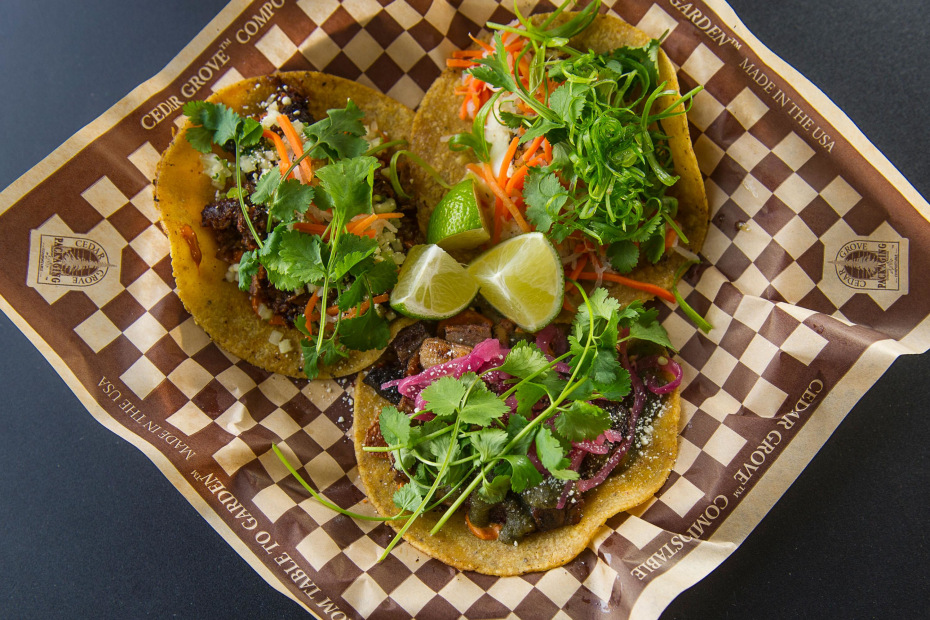 picture of three tacos topped with cilantro from Andrae's Kitchen