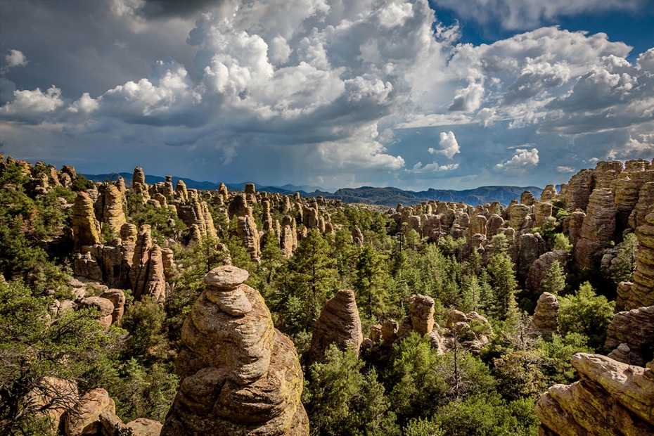 panoramic view over hundreds of rock pinnacles from the Heart of Rocks Trail in Chiricahua National Monument, Arizona, picture