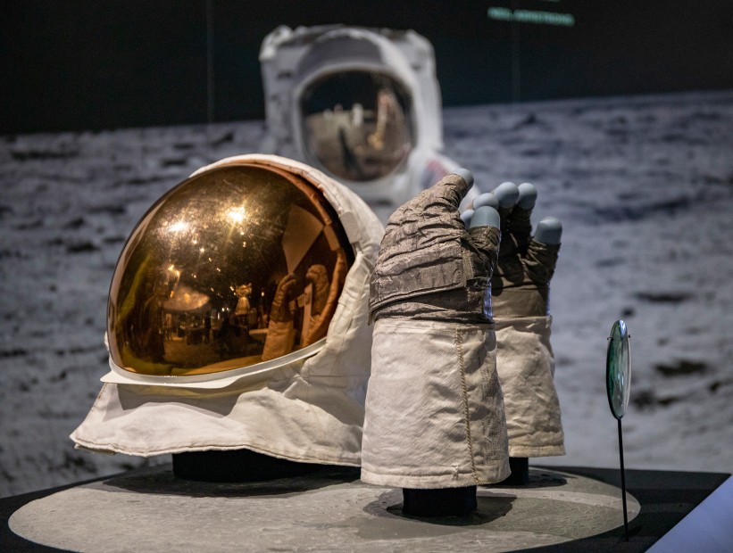 Apollo 11 astronaut Buzz Aldrin's helmet and gloves displayed at the Museum of Flight in Seattle, picture