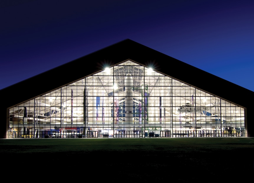 Evergreen Aviation & Space Museum's translucent exterior at night in McMinnville, Oregon, picture
