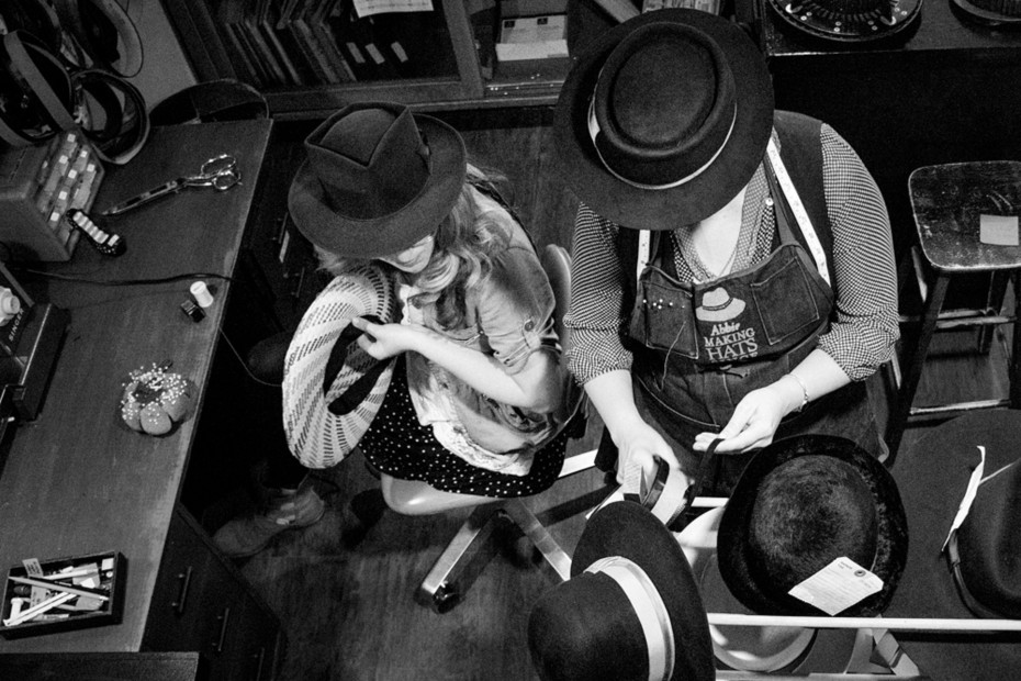 Abbie and her assistant make hats at Paul’s Hat Works in San Francisco