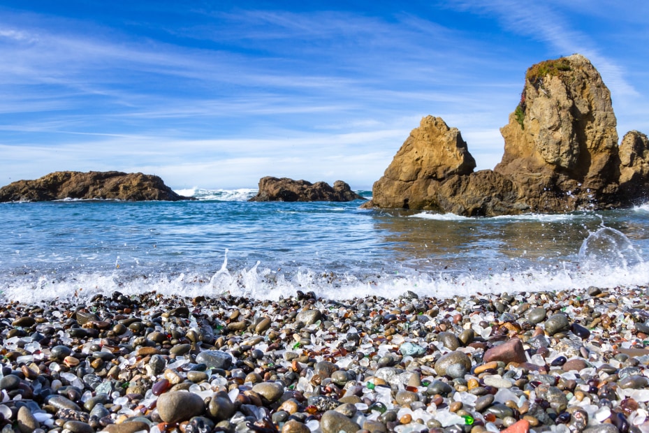 picture of the sea glass covered beach with the ocean in the background at Glass Beach near Fort Bragg, California