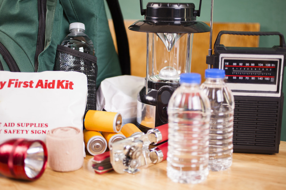 Earthquake kit contents on a desk.