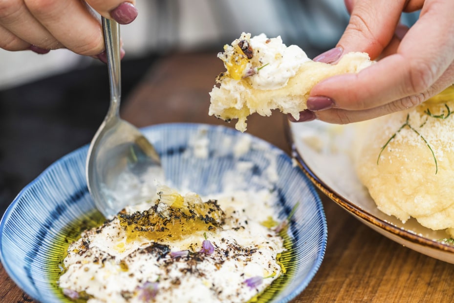 Burrata with honeycomb at Portland food pod, Gumba