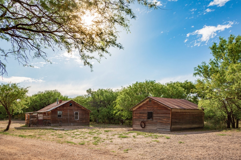 rustic wood cabins backed by cottonwoods in the ghost town of Fairbank, Arizona