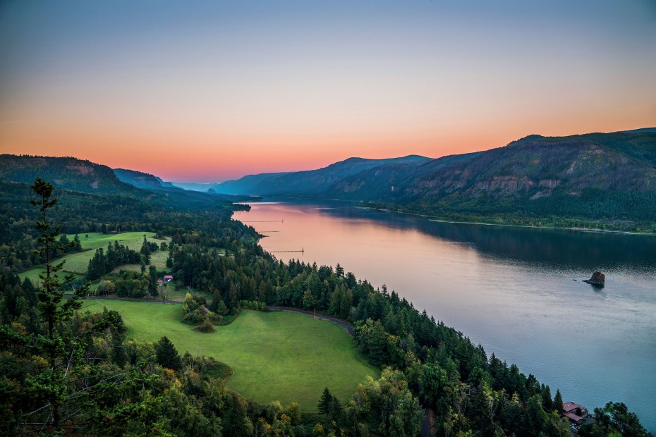 sunset panorama over the Columbia River from the Cape Horn Lookout in Stevenson County, Washington