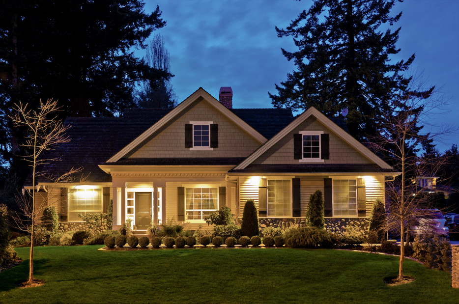 house exterior illuminated at twilight, picture