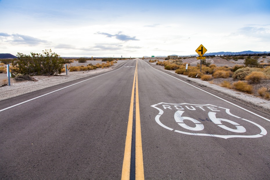 Route 66 surrounded by California desert.