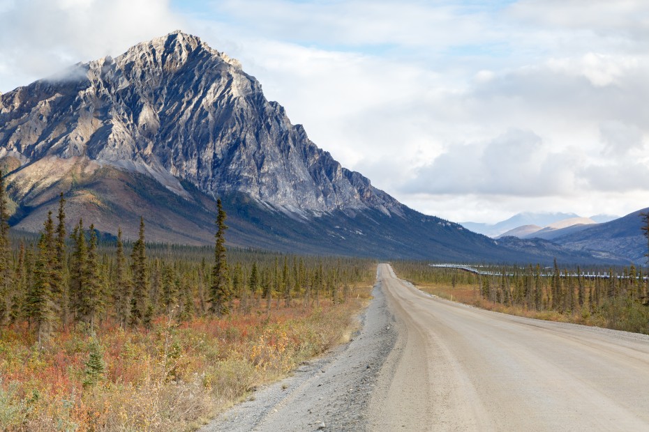 Sukakpak mountain towers over the Dalton Highway in northern Alaska.