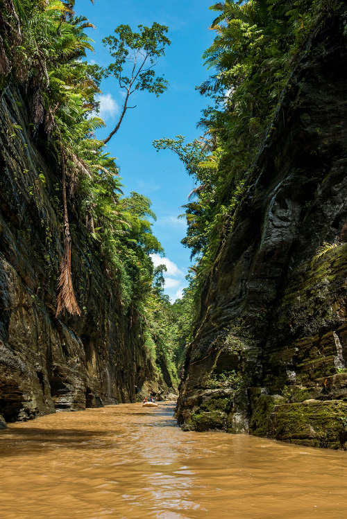 rafters navigate a narrow gorge along the Upper Navua River in Fiji