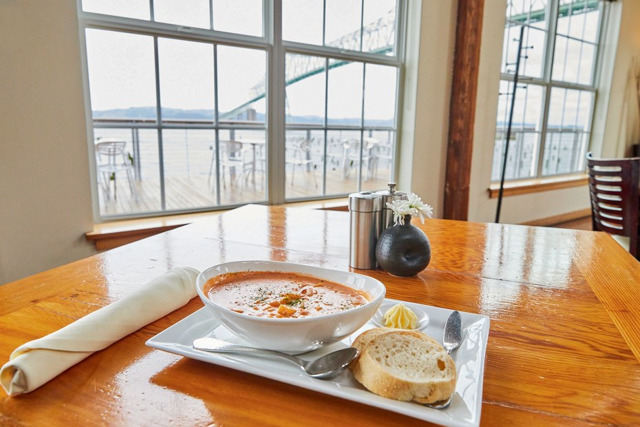 bowl of soup served with bread and butter at Bridgewater Bistro in Astoria, Oregon, picture