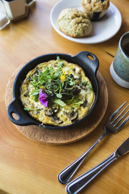 mushroom and goat cheese frittata served in a skillet from Beach Street Kitchen in Yachats, Oregon