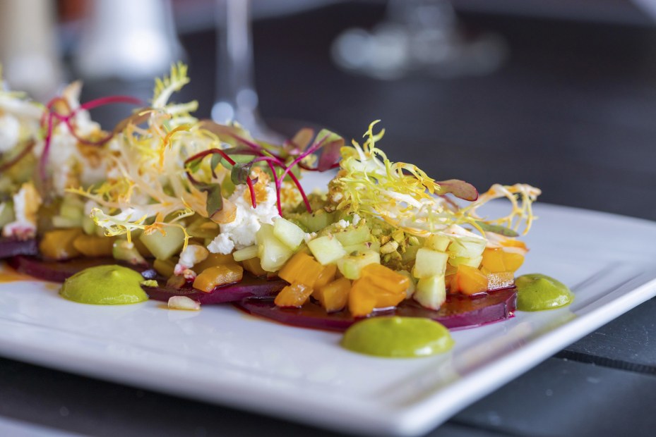 roasted beet carpaccio with feta, frisée, and a pear reduction at Moody's restaurant in Truckee, California, picture